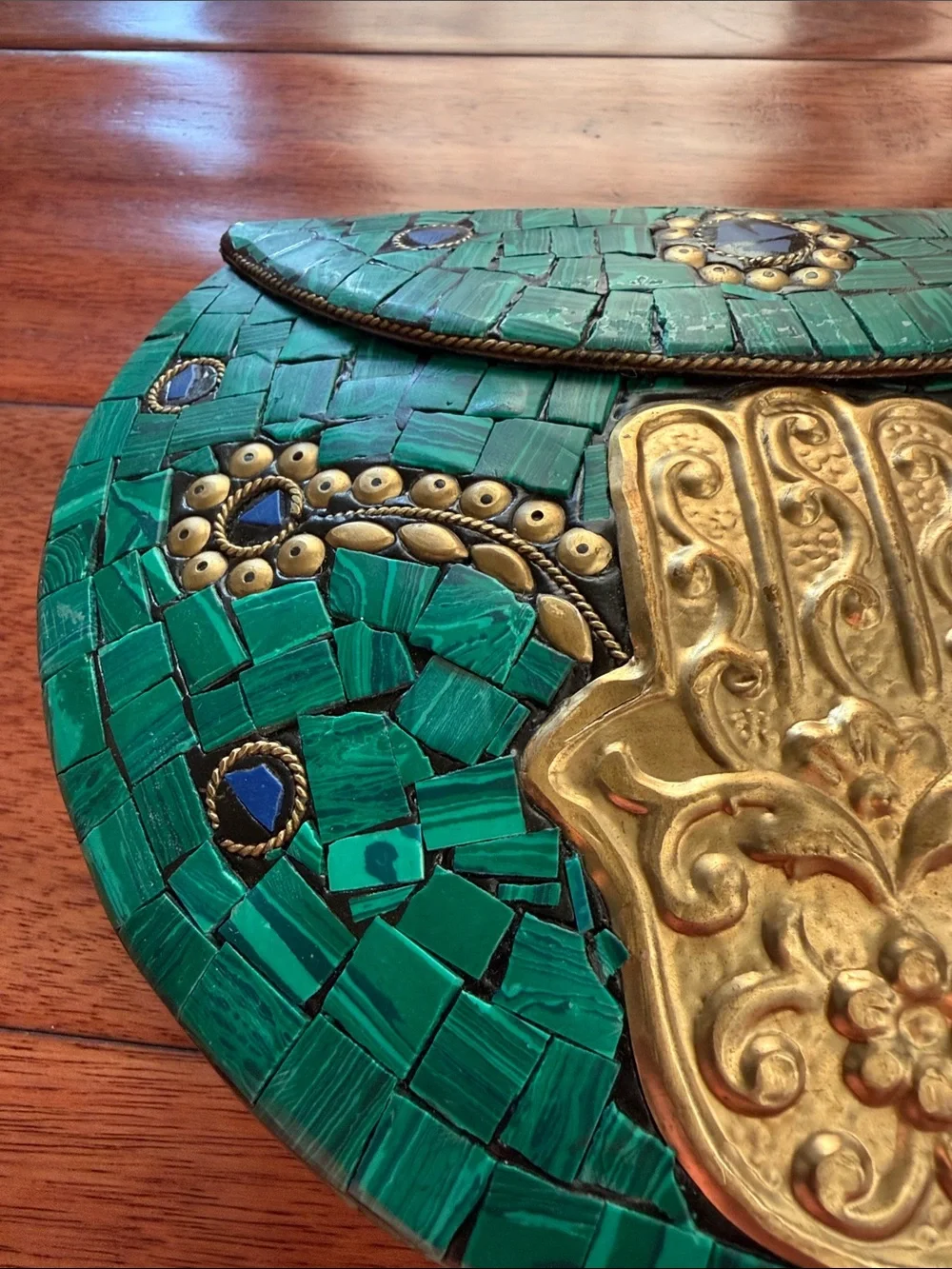 Ramla Green Mosaic Clutch with Gold Hamsa Accent Moroccan